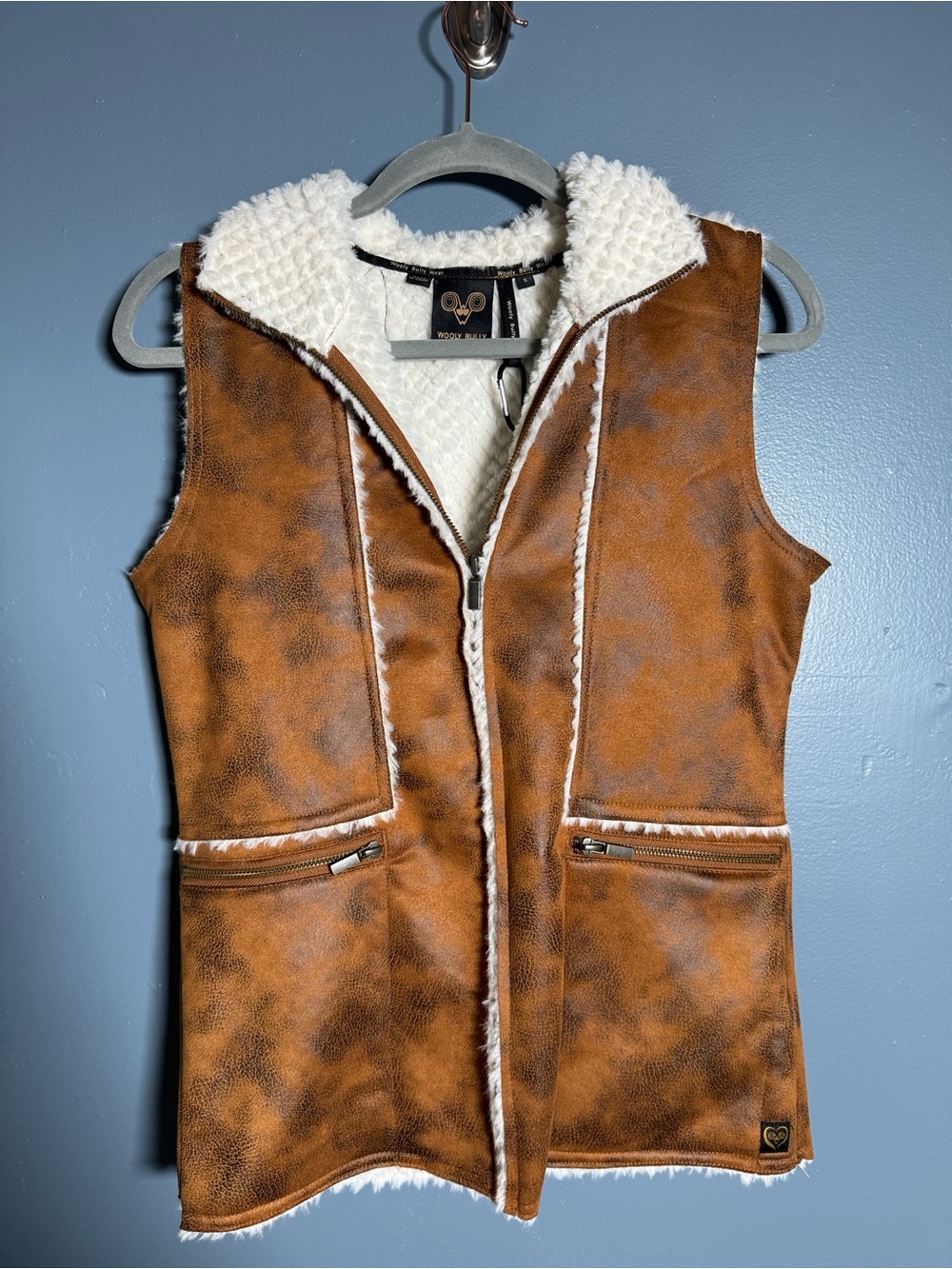 Wooly Bully Wear fall womens Small Vest Brown/White Faux Shearling faux leather
